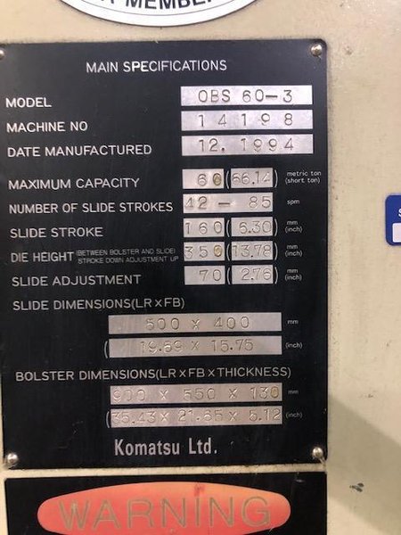 60 Ton Komatsu Gap Frame Press