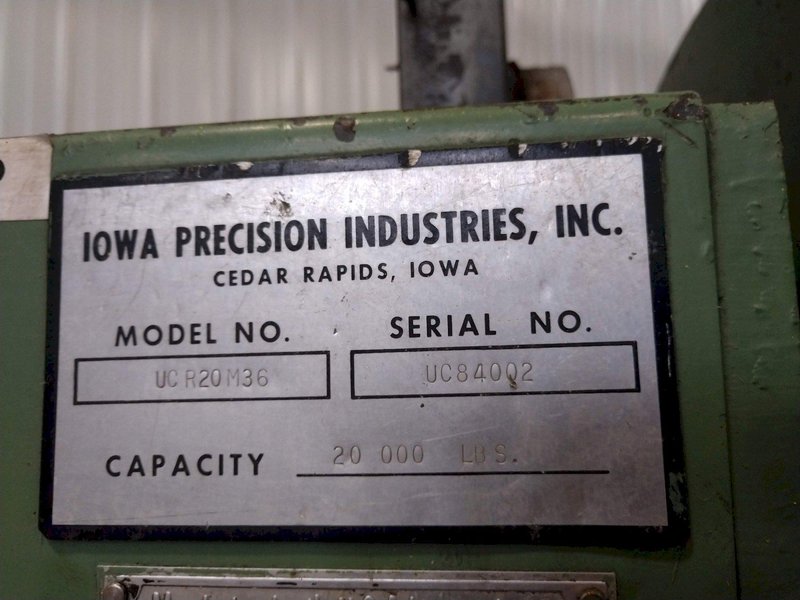 20,000 LB 10 TON X 36&quot; IOWA PRECISION MODEL #UCR20-36 MOTORIZED UNCOILER COIL REEL: STOCK #13455