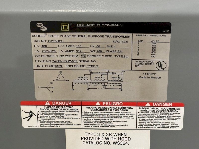 112.5 KVA SQUARE D TRANSFORMER: YOBRO #24136