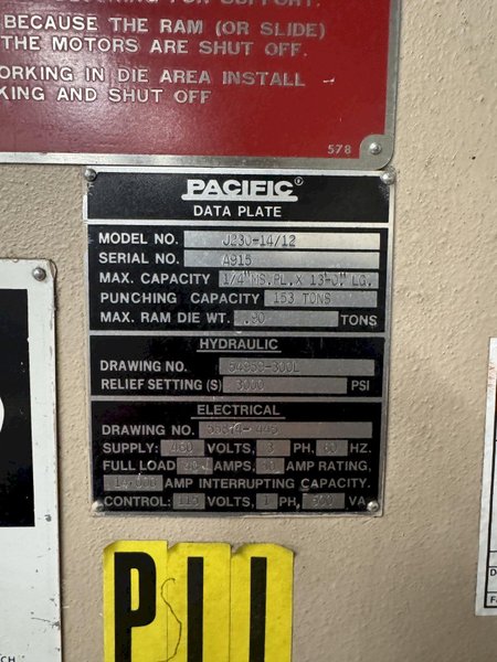 230 TON X 14&#039; PACIFIC MODEL #J230-14 HYDRAULIC PRESS BRAKE: STOCK #79499