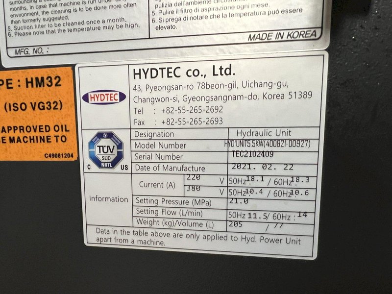 Hydtec MV0127-000086 CNC Hydraulic Power Unit w/ Higen Pump | 14 L/min @ 60Hz | From Doosan HMC