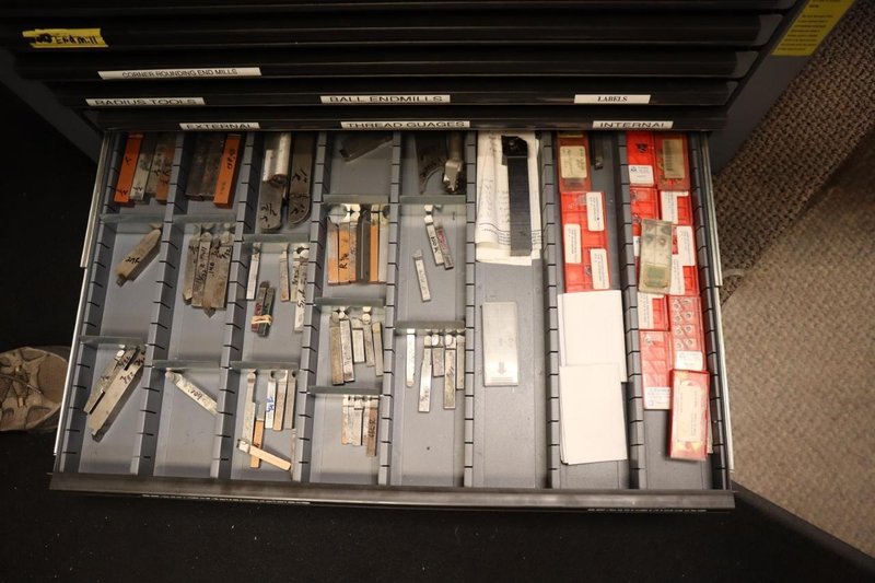 Huot 8 Drawer Tool Cabinet with Contents: Carbide End Mills, HSS End Mills, Lathe Turning Tools and More- Auction Item