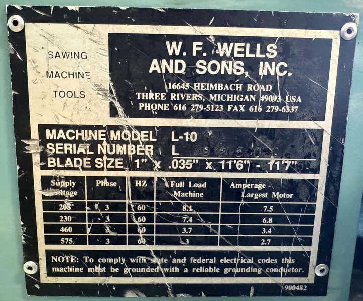 10" x 16" W.F. Wells Horizontal Band Saw L-10, 11" Rounds, 2 HP, Reconditioned
