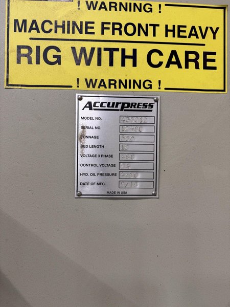 350 TON X 12' ACCURPRESS MODEL 435012 HYDRAULIC PRESS BRAKE: STOCK #80765