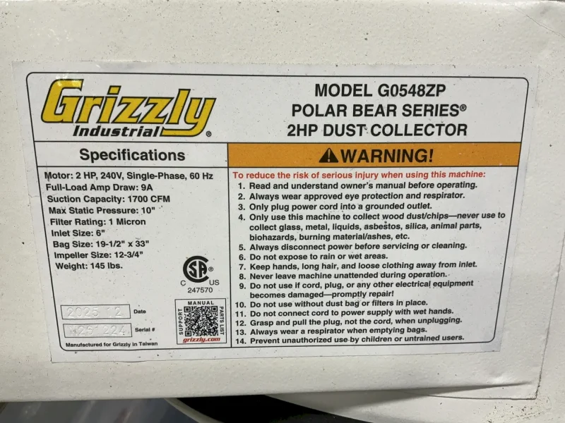 GRIZZLY INDUSTRIES 19.5” X 33” DUST COLLECTOR  -  G0548ZP
