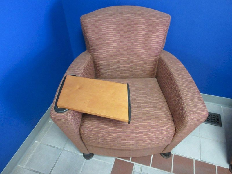 Lobby Cushioned Chairs with Folding Work Shelf (2pcs) and Round Side Table- Auction Item