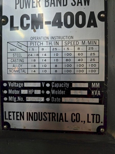 LETEN MODEL #PLCM-400A VERTICAL BANDSAW: YOBRO #24954