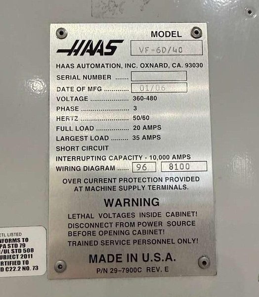 Haas VF-6D/40 CNC Vertical Machining Center – 15,000 RPM, 4th Axis Ready Mill