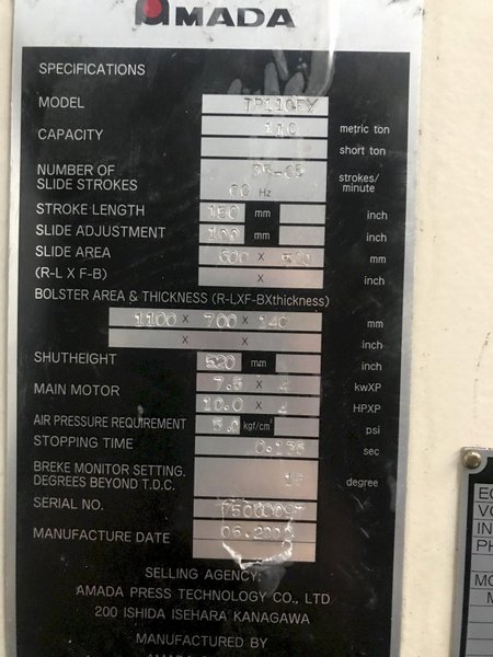 110 TON AMADA PRESS: STOCK #72665