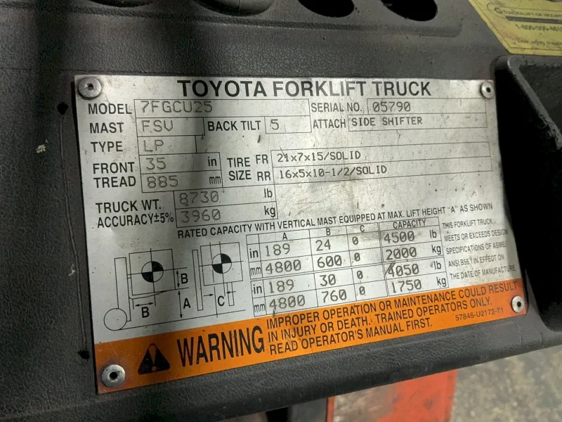 TOYOTA 4500 LBS PROPANE FORKLIFT  -  7FGCU25