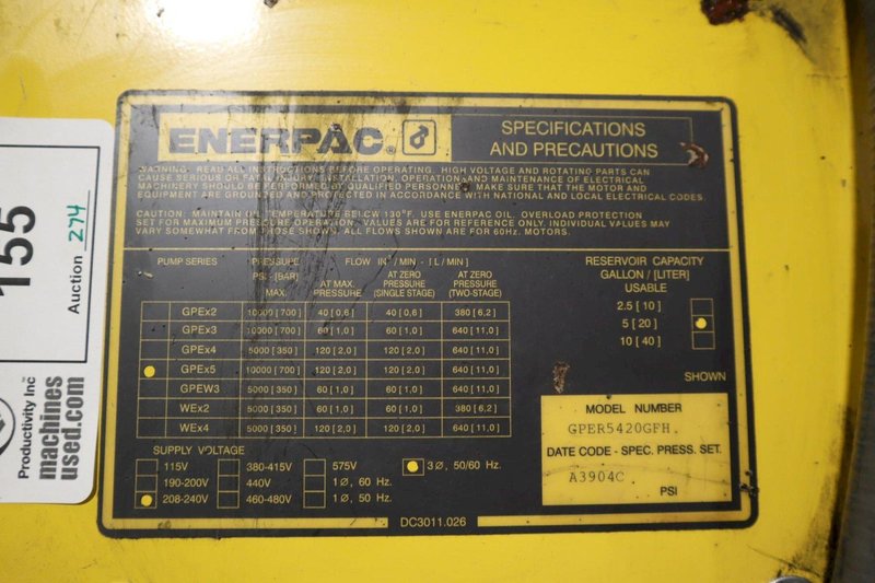 Enerpac GPER5420GFH Electric Hydraulic Pump Unit, 10,000 PSI with 5 Gallon Oil Tank- Auction Item