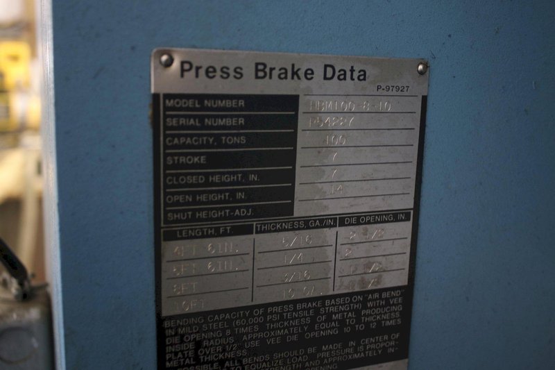 100 TON X 10' TON NIAGARA HYDRAULIC PRESS BRAKE: STOCK #76309