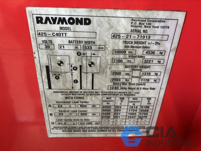 2021 - 4,000 LB. RAYMOND MODEL 425-C40TT STAND-UP ELECTRIC FORKLIFT