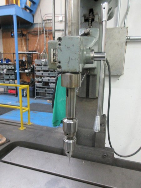 Edlund Model 2F15 30" Floor Model Drill Press, 15" Throat, 6" Hand Quill Feed, 38"x24.5" Adjustable Height Work Table with Oil Gutters, Variable Spindle Speeds 100-2400 RPM, 2HP Drive Motor, Remote Foot Jog- Auction Item