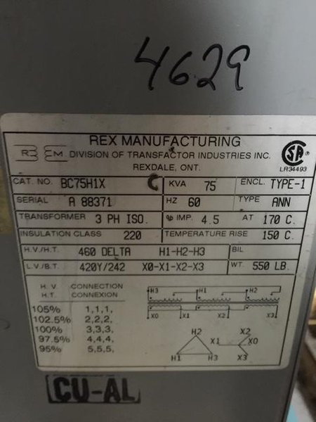 Rex Autotransformer 75 KVA 460 V Primary to 440/400 V Secondary