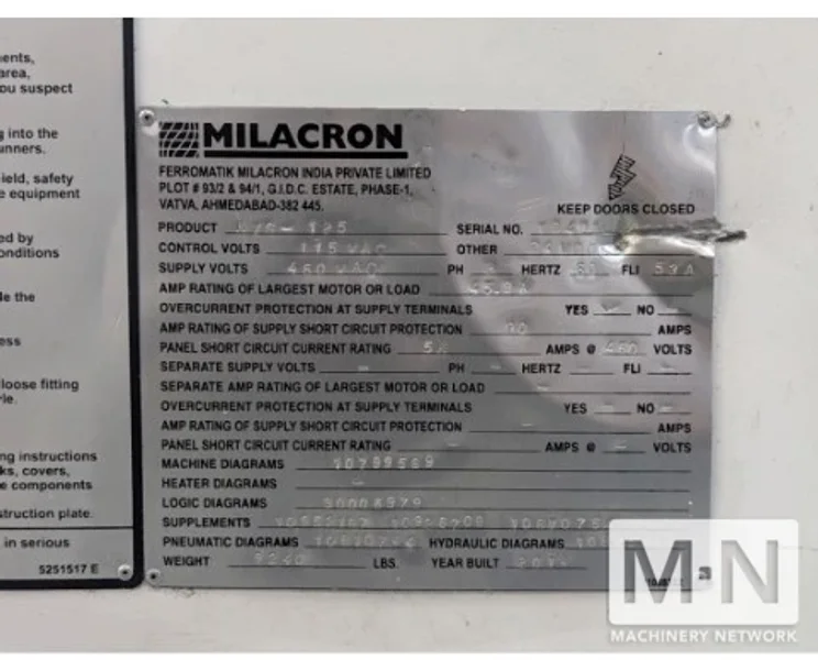 125 TON 7.6 OZ CINCINNATI MTS125 INJECTION MOLDING MACHINE, 2014