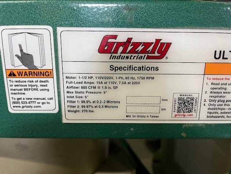 GRIZZLY INDUSTRIAL  MODEL GO777HEP DUST COLLECTOR STOCK# 3969