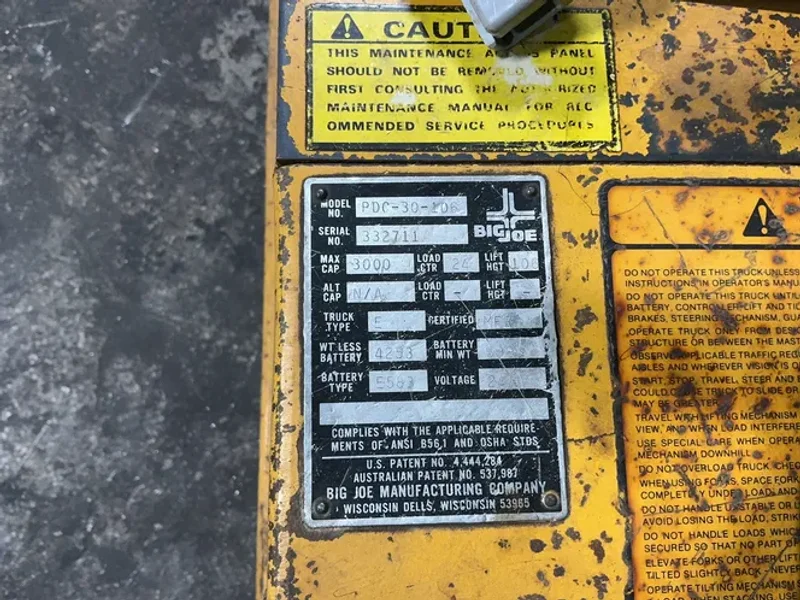 BIG JOE 3000 LBS ELECTRIC WALK BEHIND FORKLIFT  -  PDC-30-106