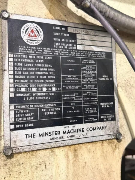 125 TON MINSTER MODEL #S2-125-48-36 SSDC PRESS, 10" STROKE: YOBRO #25090