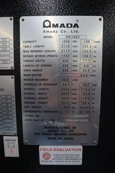 Amada HG 1303 CNC Hydraulic Press Brake, 143 Ton x 112.4", Down-Acting, AMNC 3i Control, 6-Axis BG, Curtains