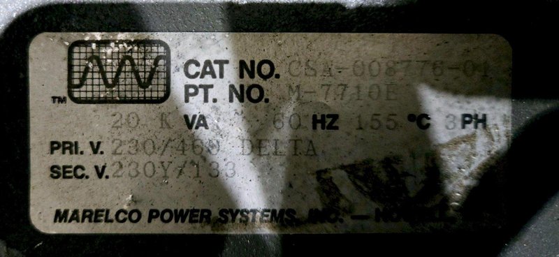 MARELCO POWER SYSTEMS M-7710E / CSA-008776-01 20KVA 230V 3PH  TRANSFORMER USED