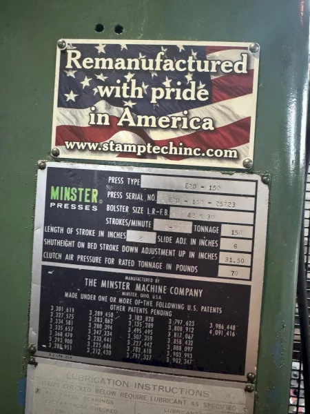 150 TON MINSTER E2-150-42-30 HEVI-STAMPER STRAIGHT SIDE PRESS: YOBRO #23911