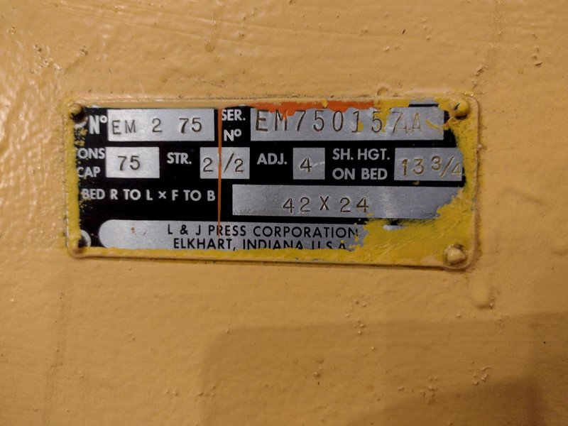 75 TON X 42" X 24" L&amp;J MODEL #EM275 HIGH SPEED STRAIGHT SIDE STAMPING PRESS, 2.5" STROKE: STOCK #23627