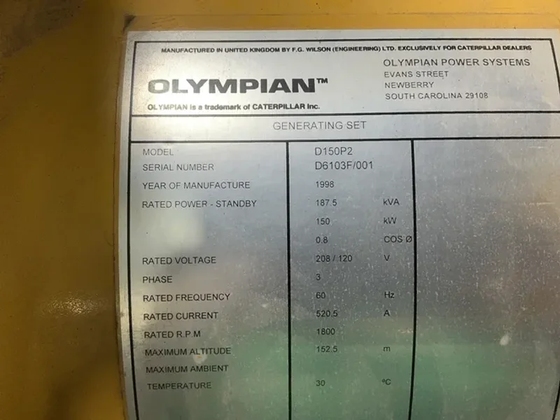 CATERPILLAR OLYMPIAN 150 KW / 268 GAL DIESEL GENERATOR   -  D150P2