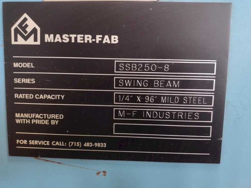 8&#039; x 1/4&quot; MASTER-FAB MODEL #SSB250-8 HYDRAULIC SHEAR: STOCK #18407