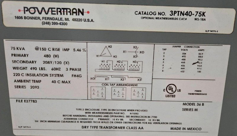 POWERTRAN 3PTN40-75K 480V 75KVA TRANSFORMER WITH DISCONNECT SWITCH