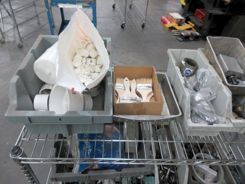 Rolling 3 Shelf Wire Racking with Contents, Plastic Bins, Miscellaneous Fittings and Hardware- Auction Item
