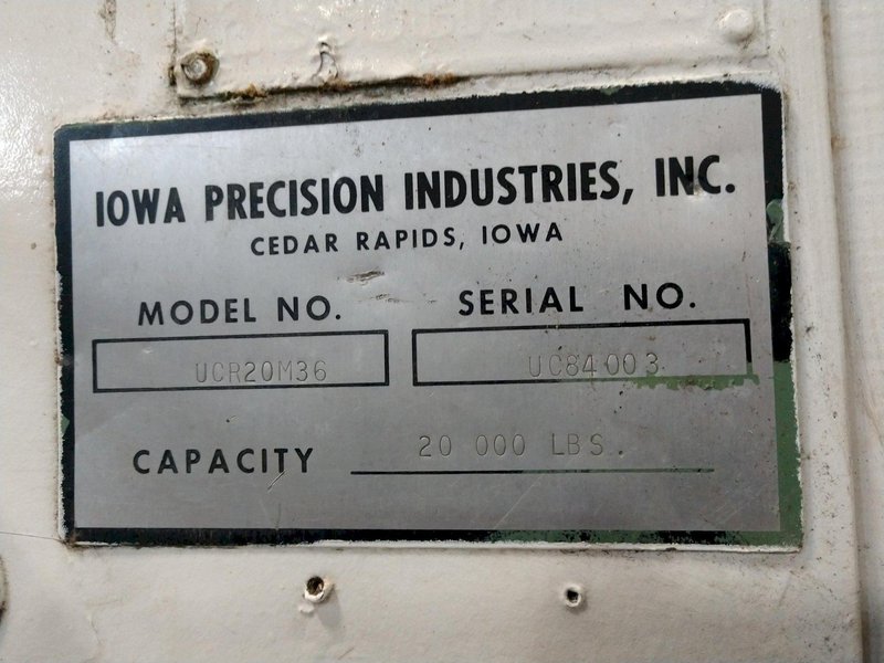 20,000 LB 10 TON X 36&quot; IOWA PRECISION MODEL #UCR20-36 MOTORIZED UNCOILER COIL REEL STOCK #3187