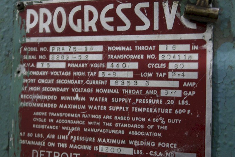 75 KVA X 17&#039; THROAT PROGRESSIVE MODEL PRA-75-18 SPOT WELDER: STK 71254