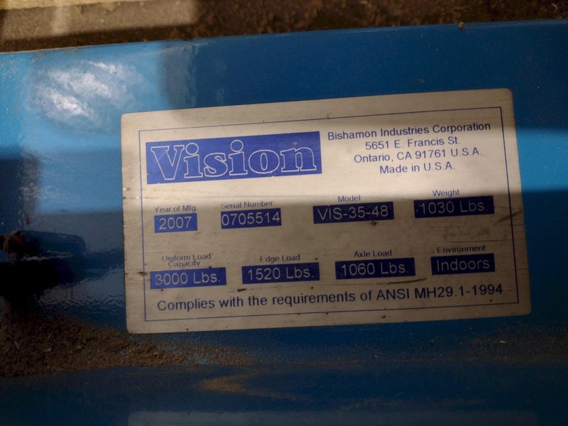 3,500 LBS X 30" X 96" BISHAMON MODEL #VIS-35-48 SINGLE PHASE 110V ROLLER TOP HYDRAULIC LIFT TABLE: STOCK #20967