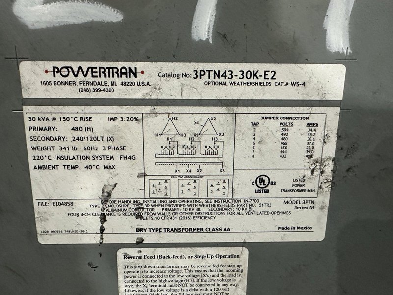 30 KVA POWERTRAN TRANSFORMER, 480 / 240 VOLT: STOCK #23171