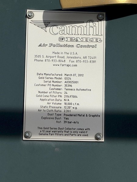 18,000 CFM FARR CAMFILL MODEL #GS24 DUST COLLECTOR: YOBRO #24725