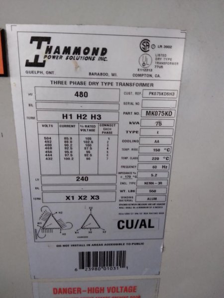 75 KVA HAMMOND POWER SOLUTIONS TRANSFORMER. STOCK #0313122