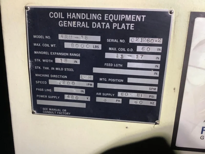 8,000 LBS X 18" CWP MODEL 4RM-18 POWERED UNCOILER COIL REEL: YOBRO #24957