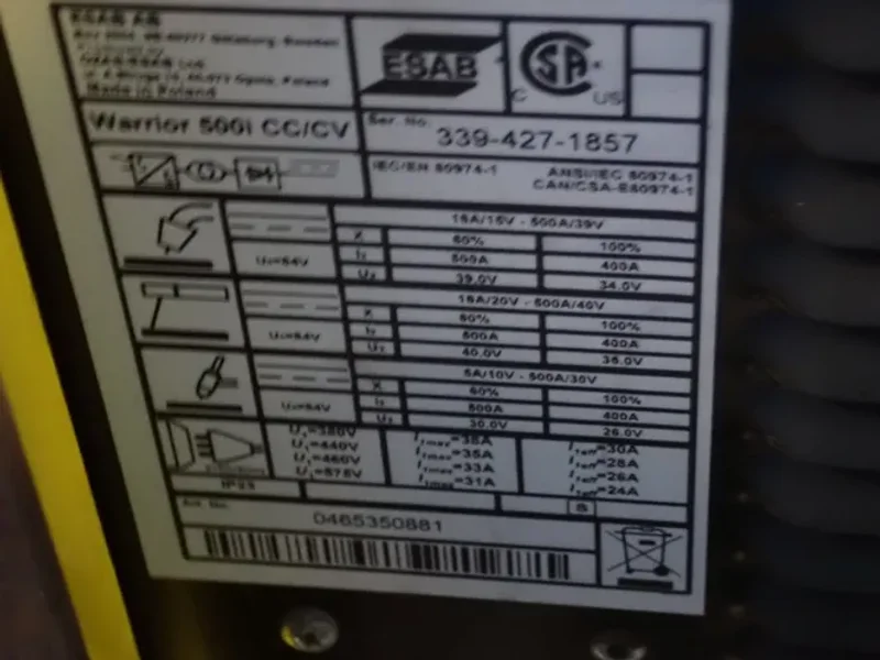 Esab Welder - Warrior 500i Cc/cv