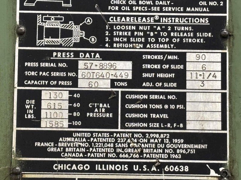 60 TON TORC-PAC USI CLEARING OBI PRESS 6" STROKE: STOCK #22824
