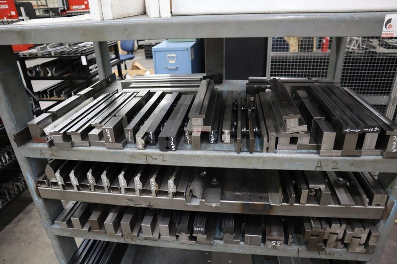 Press Brake Dies and Lower Die Holders Tall and Short for Amada Press Brakes on Welded Steel Shelving- Auction Item