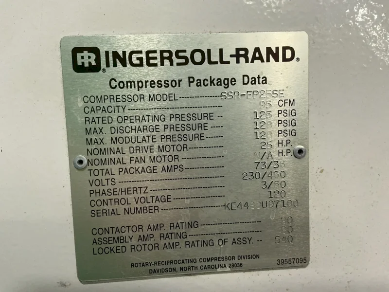 INGERSOLL RAND 25 HP ROTARY SCREW AIR COMPRESSOR   -  SSR-EP25SE