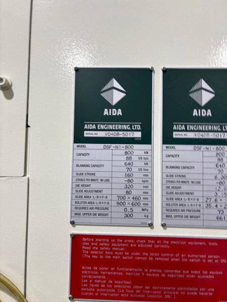 88 TON AIDA MODEL #DSF-N1-800 GAP FRAM PRESS 6.3” STROKE &amp; PA SERVO COIL FEED LINE: YOBRO #25102