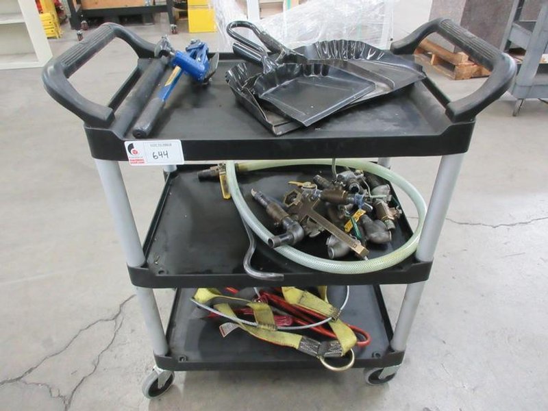 Rubbermaid Shop Cart, 3 Shelves with Dust Pans, Plumbing Fittings and More- Auction Item