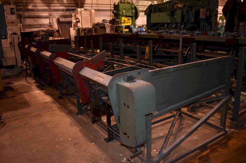 3&quot; MODERN MODEL 3LD,CUT OFF MACHINE, WITH 20&#039; MODERN AUTOMATIC LONG BAR LOADER HOPPER TABLE, PLC CONTROLS, 1987