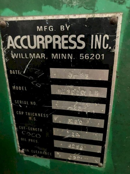 10&#039; X 1/4&quot; ACCURPRESS MODEL #825010 LP HYDRAULIC SHEAR: YOBRO #24451