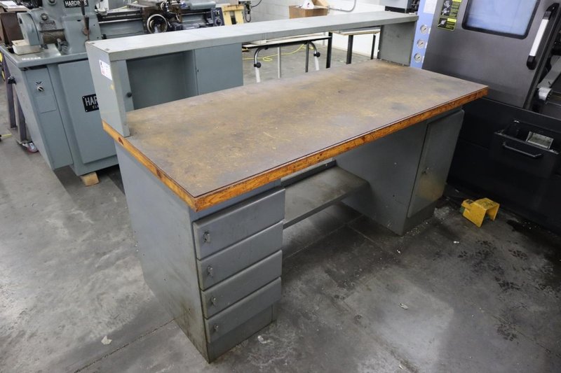 Equipton Work Bench, Wood Top, Upper Shelf, Lower Shelf, Base with 4-Drawers and Cabinet- Auction Item