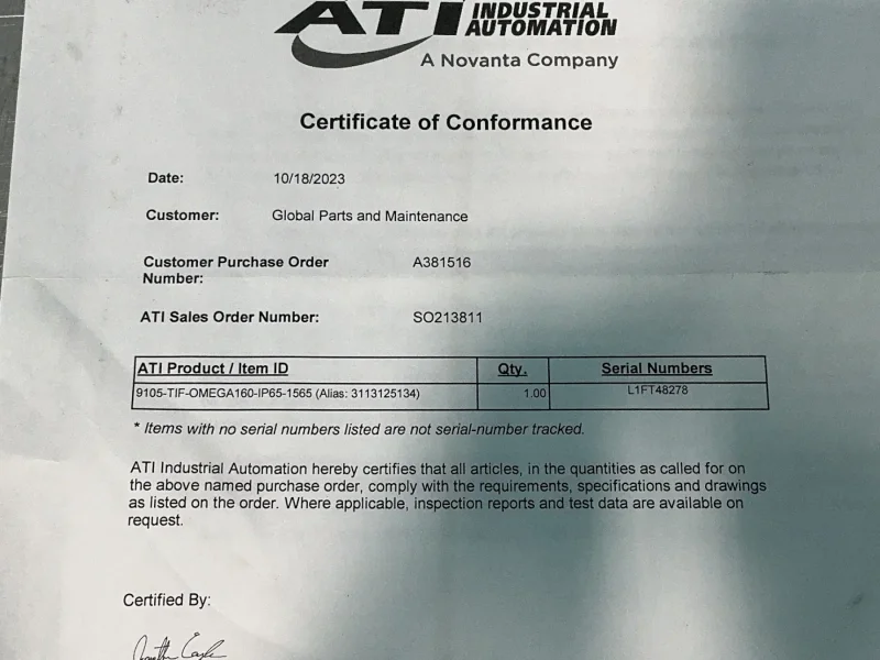 ATI 6-AXIS FORCE/TORQUE TRANSDUCER  -  9105-TIF-OMEGA160-IP65-1565