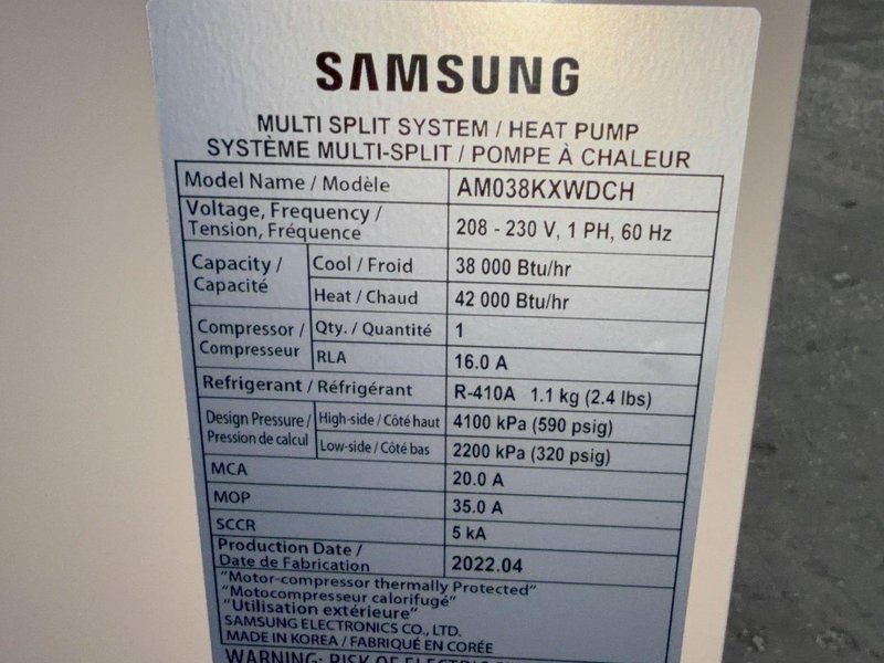 SAMSUNG 38000/42000 BTU MULTI SPLIT SYSTEM/HEAT PUMP  -  AM038KXWCH