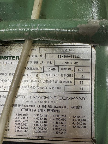 400 TON MINSTER E2-400-96-42 HEVI-STAMPER STRAIGHT SIDE PRESS. STOCK # 0431326